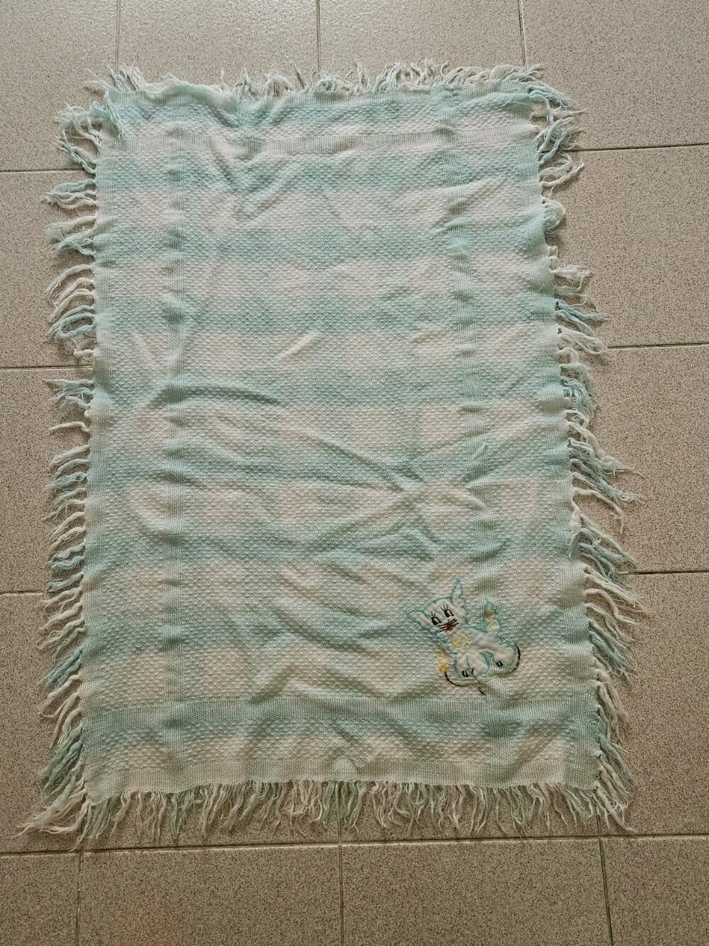 Vintage 1950s Baby Blanket knit woven Green Embroidered Lamb Fringe Nursery